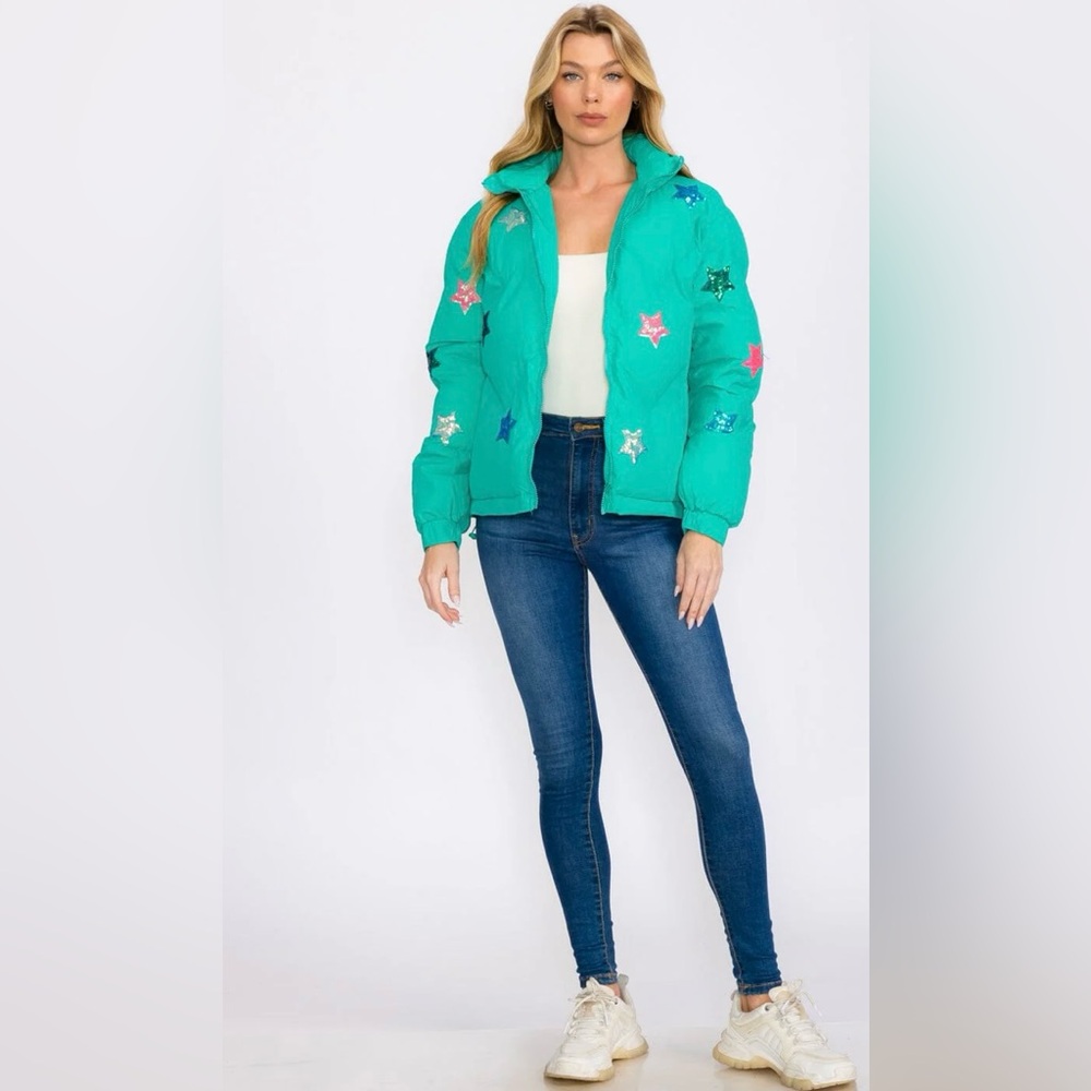 Teal Green Star Sequins Zip Up Puffer Jacket - Picture 3 of 13